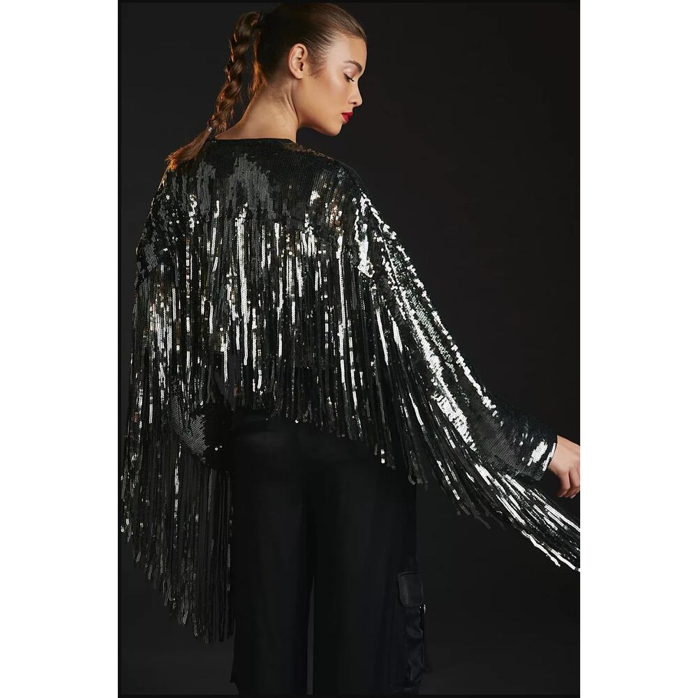 By Anthropologie Fringed Sequin Jacket Metallic Silver Open Front